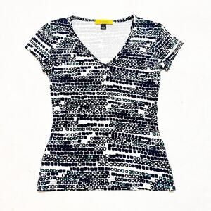St. John Patterned Geometric V-Neck Short Sleeve Top Black White Blue Size Small